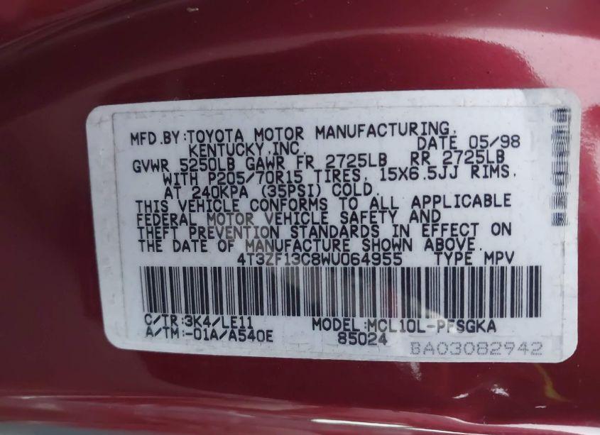 Photo 9 of 1998 Toyota Sienna XLE (VIN 4T3ZF13C8WU064955)