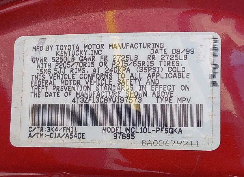 Photo 9 of 2000 Toyota Sienna XLE (VIN 4T3ZF13C8YU197573)