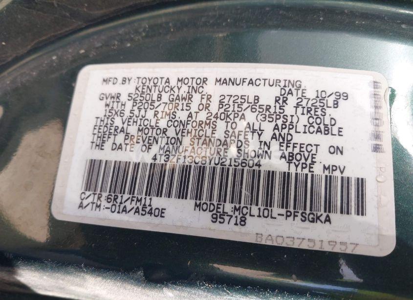 Photo 9 of 2000 Toyota Sienna LE/XLE (VIN 4T3ZF13C8YU215604)