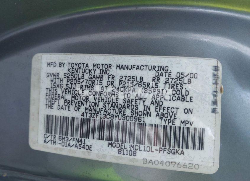 Photo 9 of 2000 Toyota Sienna LE (VIN 4T3ZF13C8YU300961)