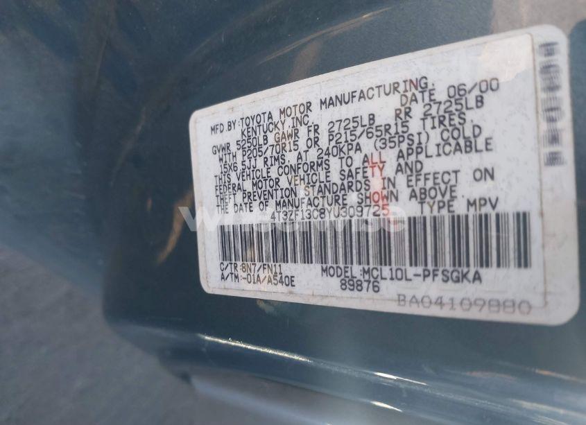 Photo 9 of 2000 Toyota Sienna LE (VIN 4T3ZF13C8YU309725)