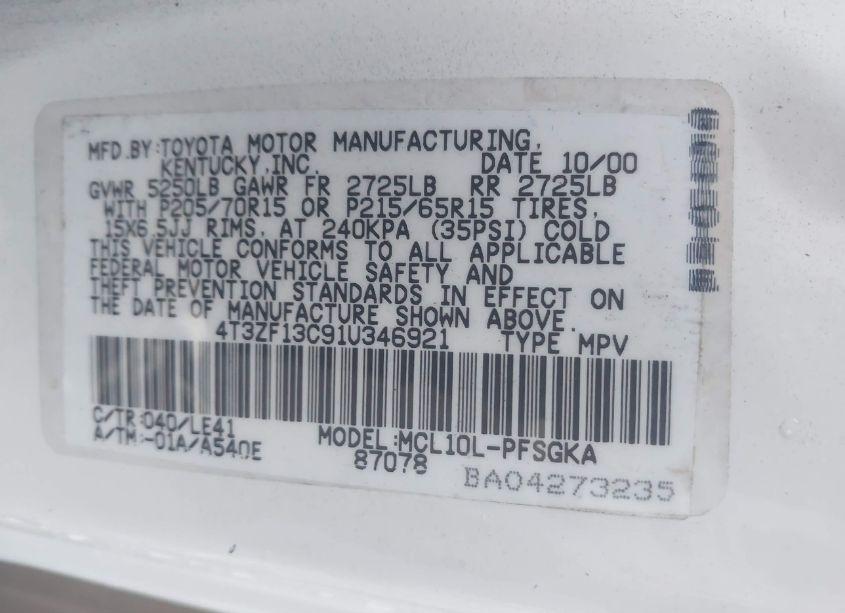 Photo 9 of 2001 Toyota Sienna XLE (VIN 4T3ZF13C91U346921)