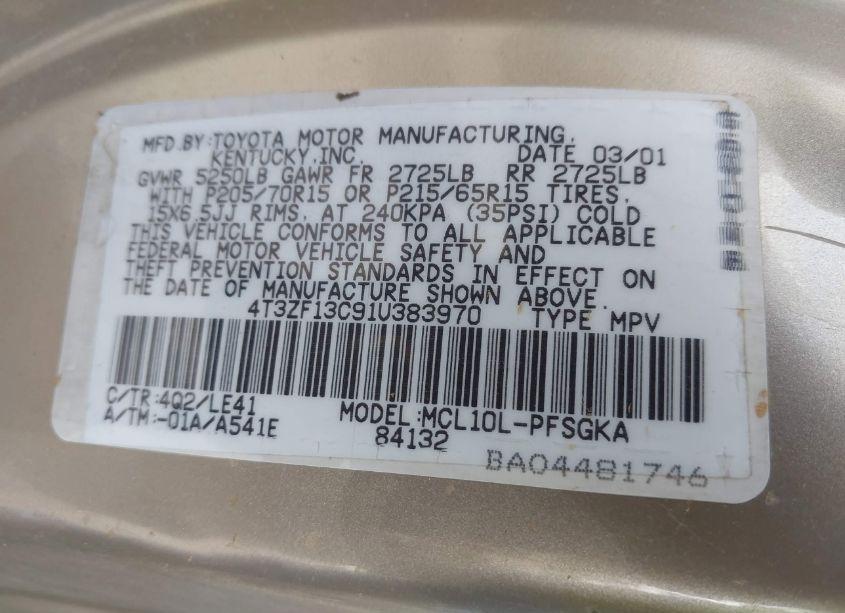 Photo 9 of 2001 Toyota Sienna XLE (VIN 4T3ZF13C91U383970)