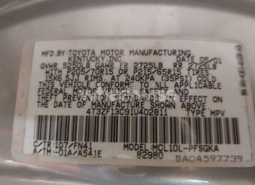 Photo 9 of 2001 Toyota Sienna LE (VIN 4T3ZF13C91U402811)