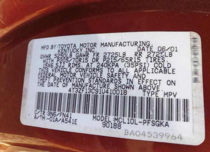 Photo 9 of 2001 Toyota Sienna LE (VIN 4T3ZF13C91U410018)