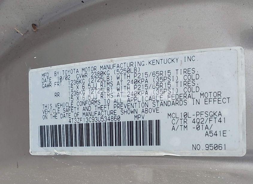 Photo 9 of 2003 Toyota Sienna LE (VIN 4T3ZF13C93U534860)