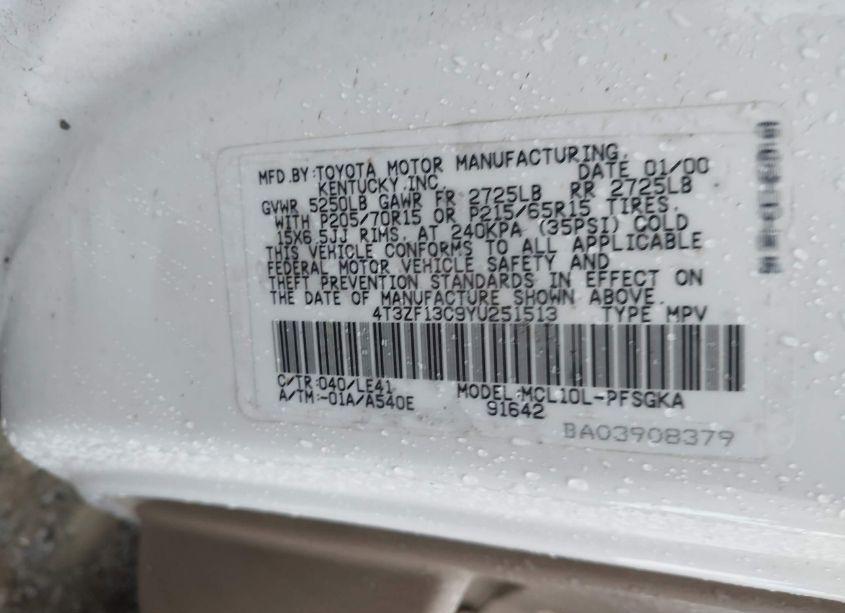 Photo 9 of 2000 Toyota Sienna XLE (VIN 4T3ZF13C9YU251513)