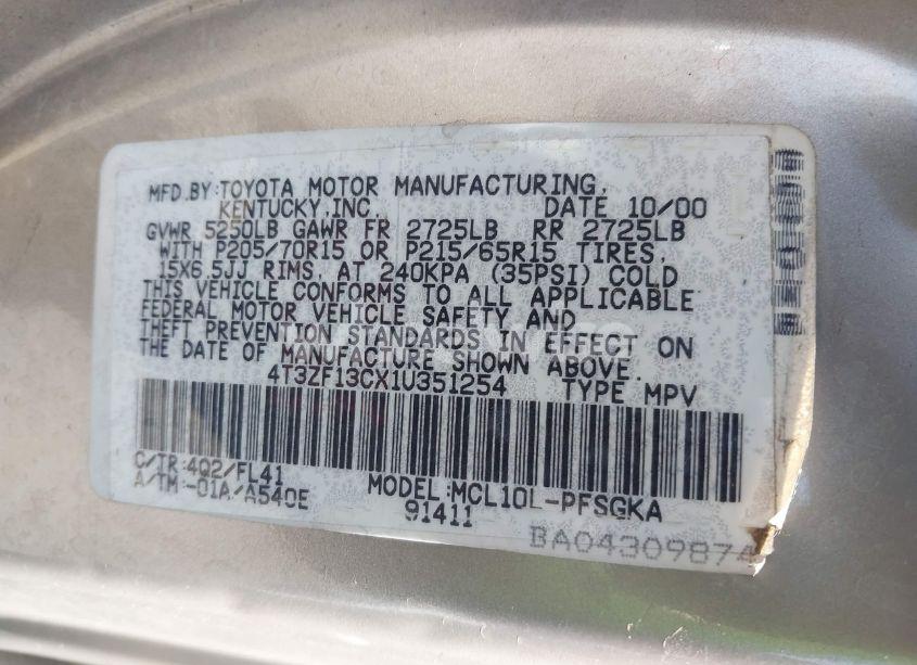 Photo 9 of 2001 Toyota Sienna XLE (VIN 4T3ZF13CX1U351254)