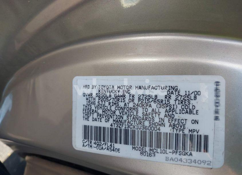 Photo 9 of 2001 Toyota Sienna XLE (VIN 4T3ZF13CX1U360004)