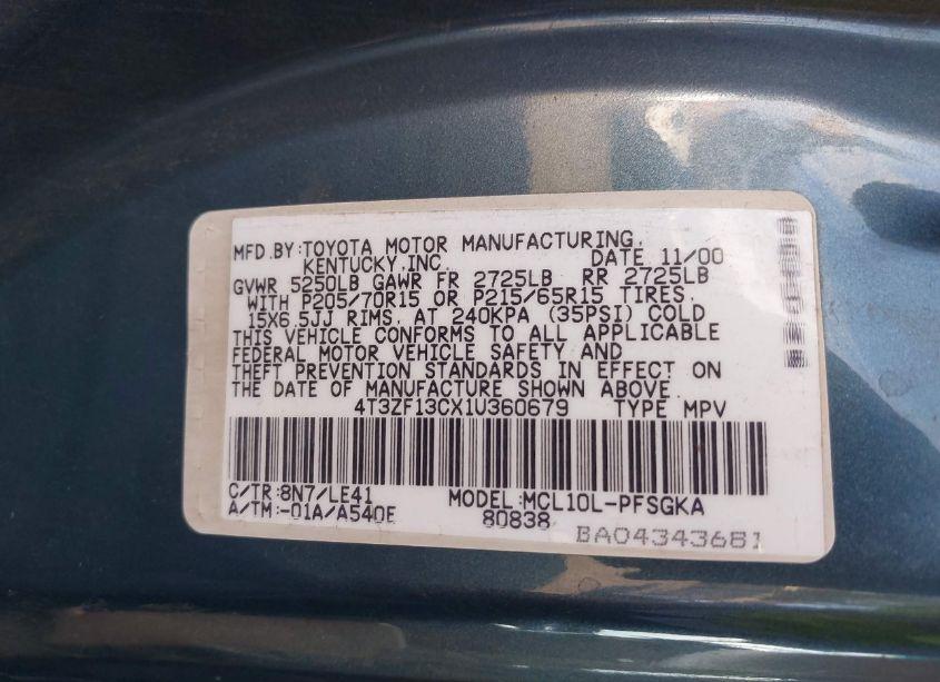 Photo 9 of 2001 Toyota Sienna XLE (VIN 4T3ZF13CX1U360679)