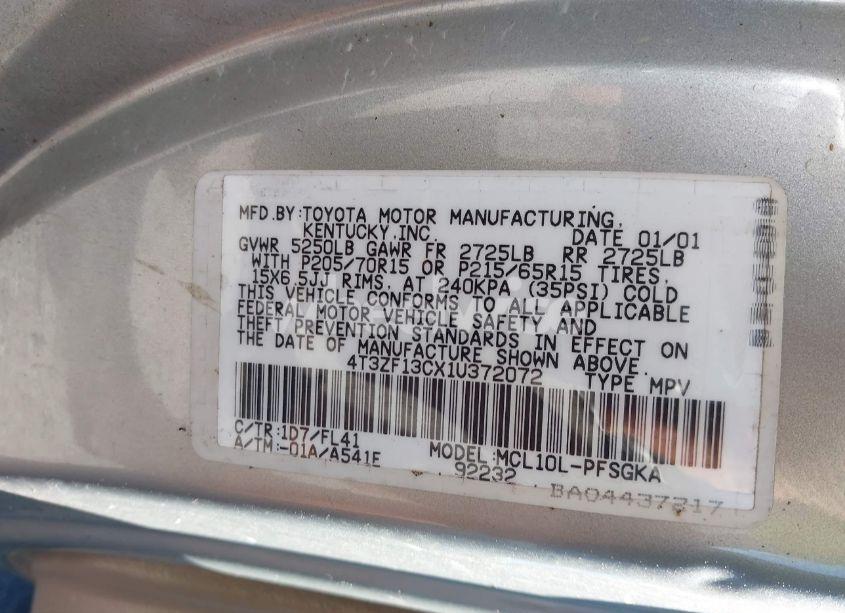 Photo 9 of 2001 Toyota Sienna XLE (VIN 4T3ZF13CX1U372072)