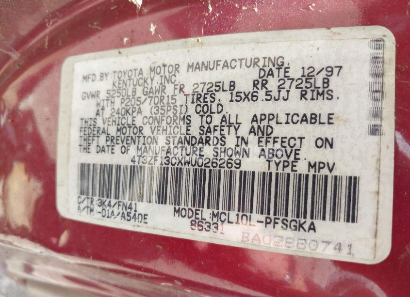 Photo 9 of 1998 Toyota Sienna LE (VIN 4T3ZF13CXWU026269)