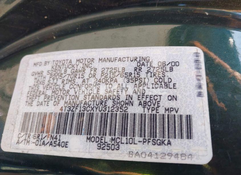 Photo 9 of 2000 Toyota Sienna LE (VIN 4T3ZF13CXYU312352)