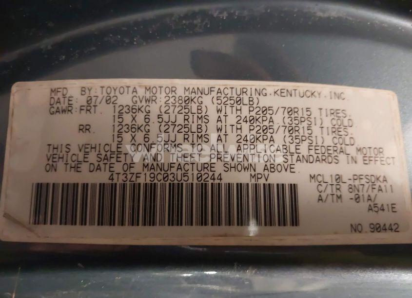 Photo 9 of 2003 Toyota Sienna CE (VIN 4T3ZF19C03U510244)