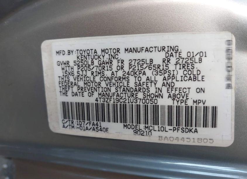 Photo 9 of 2001 Toyota Sienna CE (VIN 4T3ZF19C21U370050)