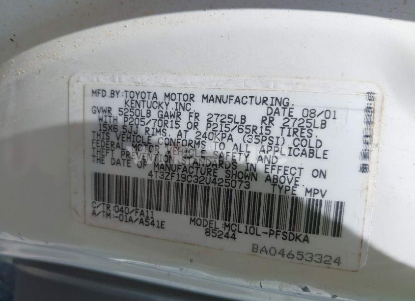 Photo 9 of 2002 Toyota Sienna CE (VIN 4T3ZF19C32U425073)