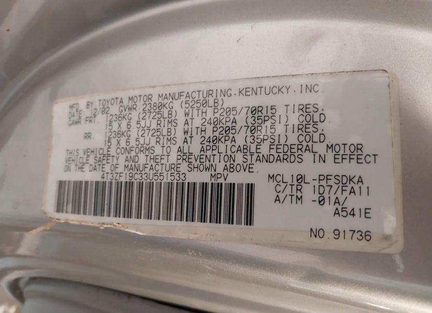 Photo 9 of 2003 Toyota Sienna CE (VIN 4T3ZF19C33U551533)