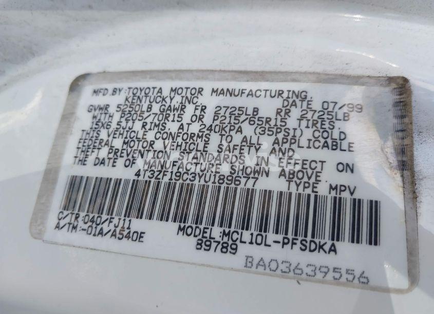 Photo 9 of 2000 Toyota Sienna CE (VIN 4T3ZF19C3YU189677)