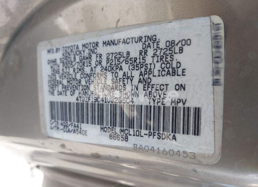 Photo 9 of 2001 Toyota Sienna CE (VIN 4T3ZF19C41U326504)