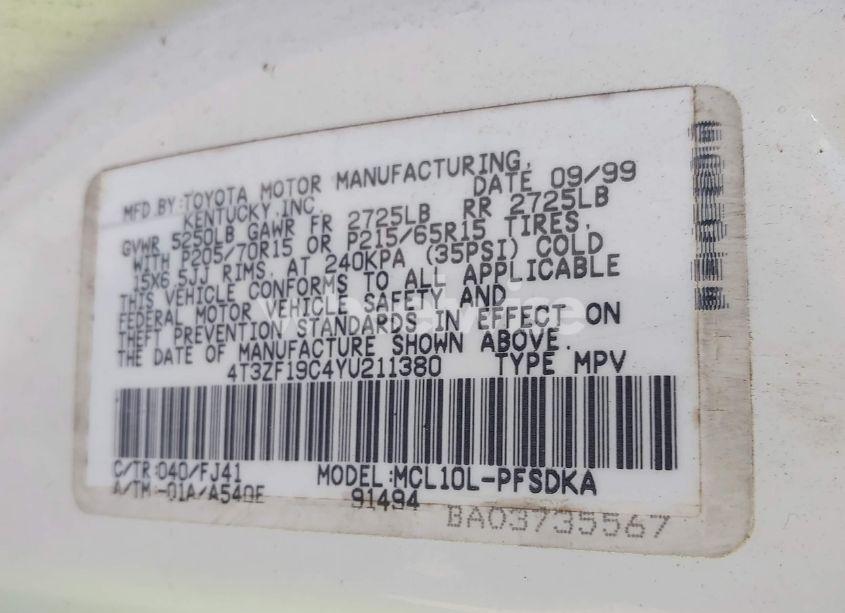 Photo 9 of 2000 Toyota Sienna CE (VIN 4T3ZF19C4YU211380)