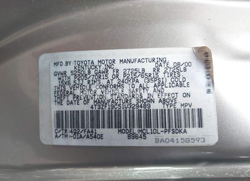 Photo 9 of 2001 Toyota Sienna CE (VIN 4T3ZF19C51U329489)