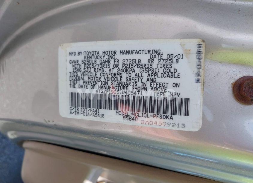 Photo 9 of 2001 Toyota Sienna CE (VIN 4T3ZF19C51U405471)