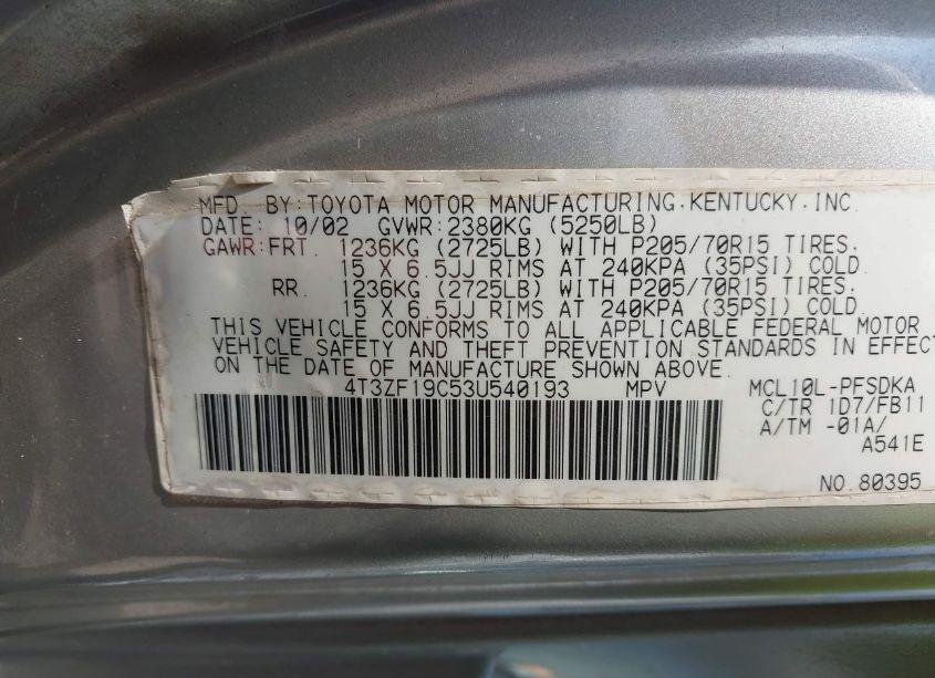 Photo 9 of 2003 Toyota Sienna CE (VIN 4T3ZF19C53U540193)