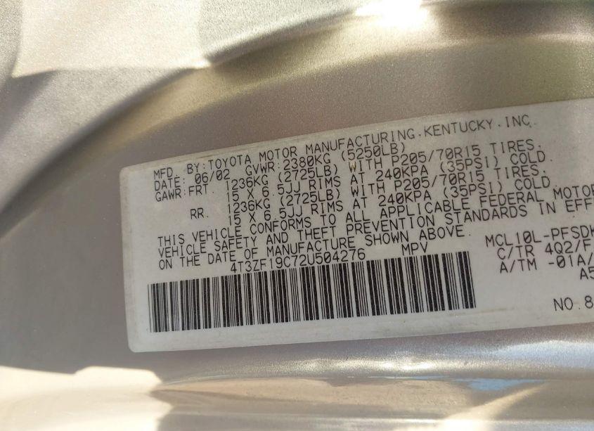 Photo 9 of 2002 Toyota Sienna CE (VIN 4T3ZF19C72U504276)