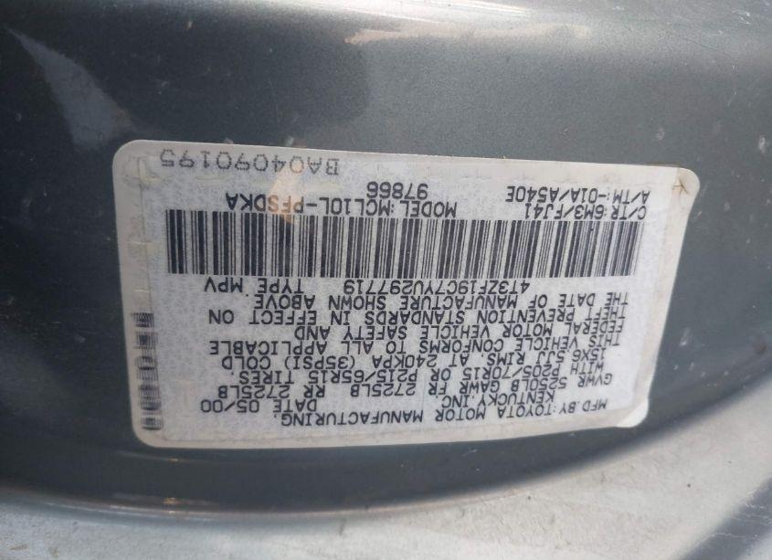 Photo 9 of 2000 Toyota Sienna CE (VIN 4T3ZF19C7YU297719)