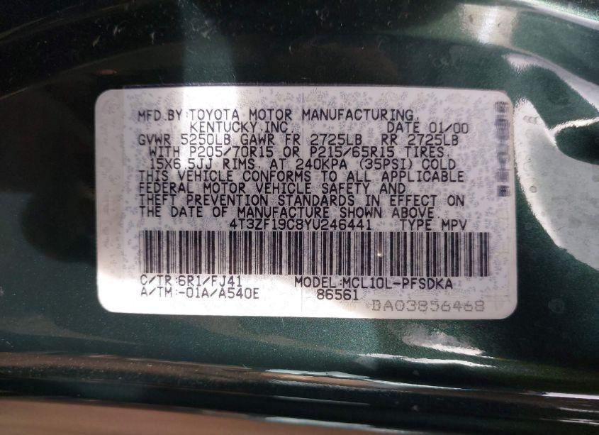Photo 9 of 2000 Toyota Sienna CE (VIN 4T3ZF19C8YU246441)