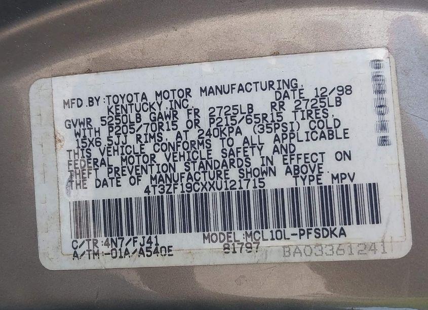 Photo 9 of 1999 Toyota Sienna CE (VIN 4T3ZF19CXXU121715)