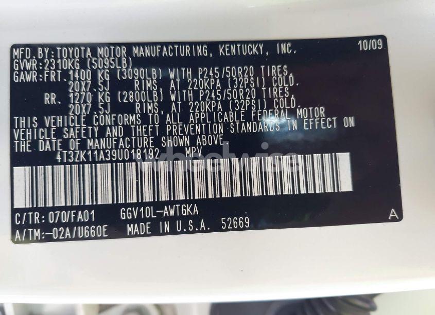 Photo 9 of 2009 Toyota Venza BASE V6 (VIN 4T3ZK11A39U018192)