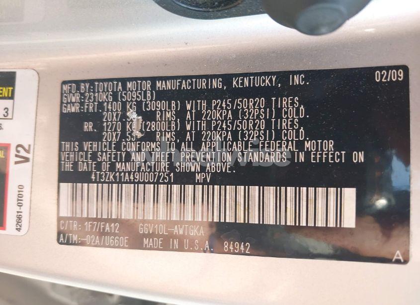 Photo 9 of 2009 Toyota Venza BASE V6 (VIN 4T3ZK11A49U007251)