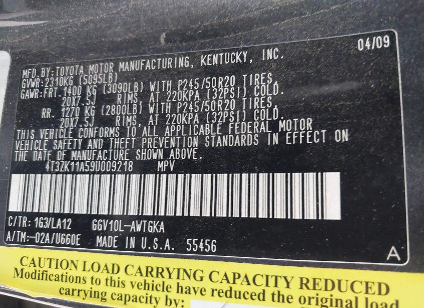 Photo 9 of 2009 Toyota Venza BASE V6 (VIN 4T3ZK11A59U009218)