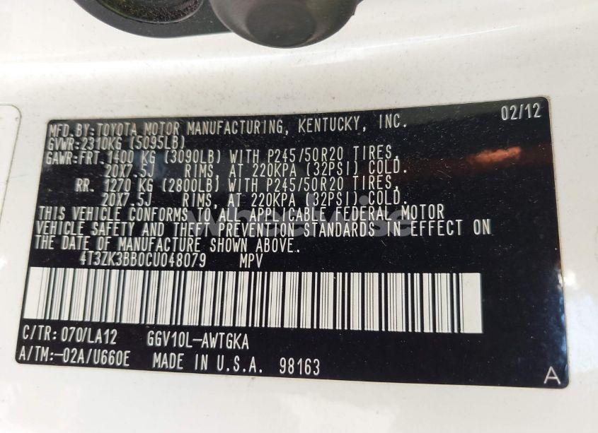 Photo 9 of 2012 Toyota Venza LIMITED V6 (VIN 4T3ZK3BB0CU048079)