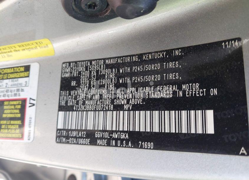 Photo 9 of 2015 Toyota Venza LE/XLE/LIMITED (VIN 4T3ZK3BB0FU072418)