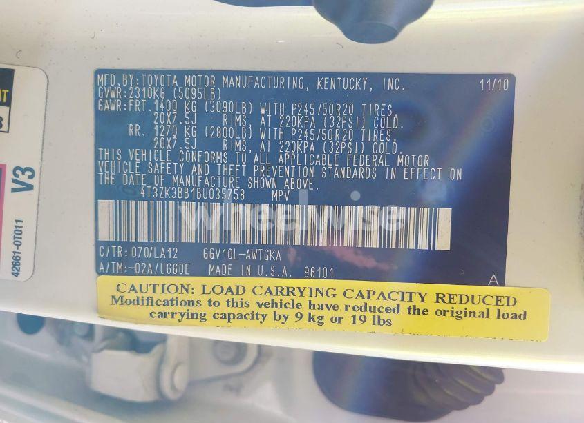 Photo 9 of 2011 Toyota Venza BASE V6 (VIN 4T3ZK3BB1BU035758)