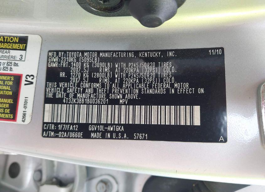 Photo 9 of 2011 Toyota Venza BASE V6 (VIN 4T3ZK3BB1BU036201)