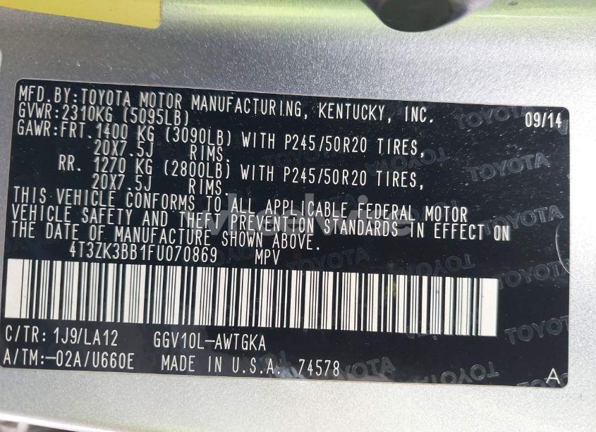 Photo 9 of 2015 Toyota Venza LE/XLE/LIMITED (VIN 4T3ZK3BB1FU070869)