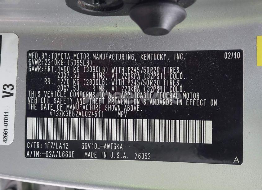 Photo 9 of 2010 Toyota Venza BASE V6 (VIN 4T3ZK3BB2AU024511)