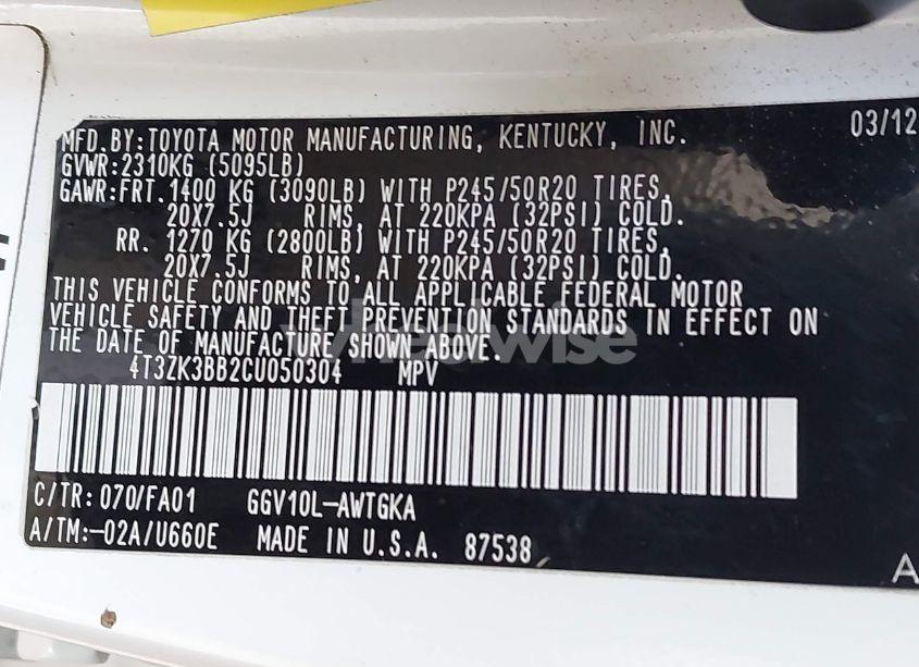 Photo 9 of 2012 Toyota Venza LE V6 (VIN 4T3ZK3BB2CU050304)