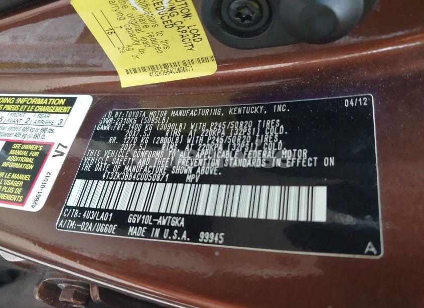 Photo 9 of 2012 Toyota Venza LIMITED V6 (VIN 4T3ZK3BB4CU050871)