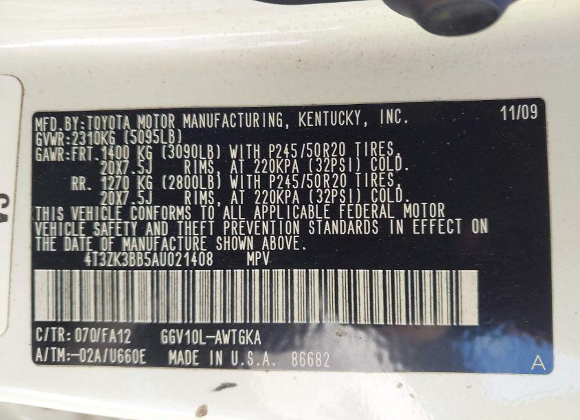 Photo 9 of 2010 Toyota Venza BASE V6 (VIN 4T3ZK3BB5AU021408)