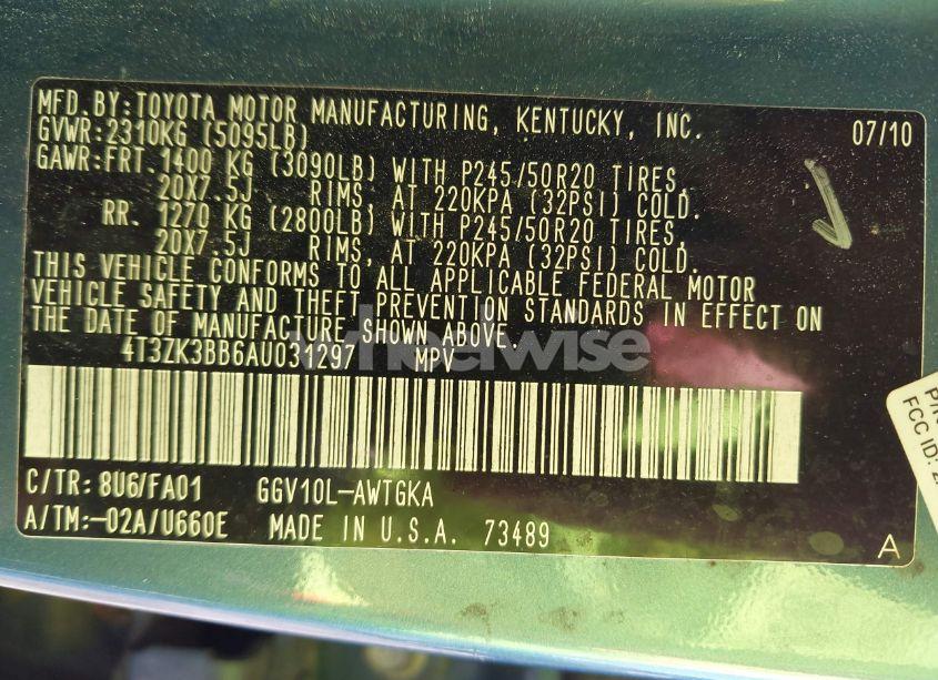 Photo 9 of 2010 Toyota Venza BASE V6 (VIN 4T3ZK3BB6AU031297)