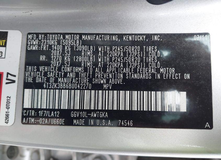 Photo 9 of 2011 Toyota Venza (VIN 4T3ZK3BB6BU042270)