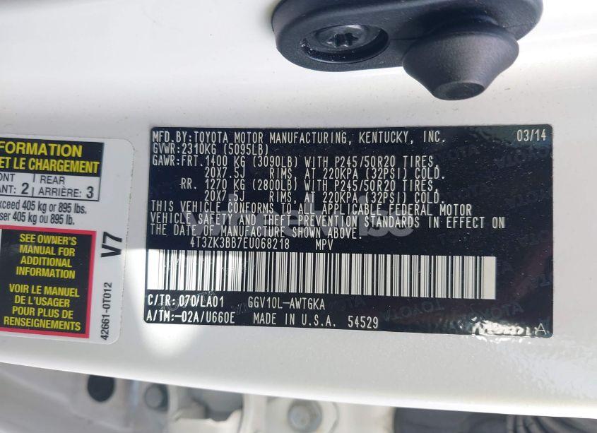 Photo 9 of 2014 Toyota Venza XLE V6 (VIN 4T3ZK3BB7EU068218)