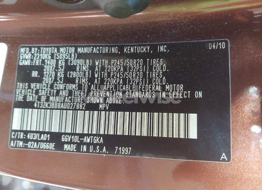 Photo 9 of 2010 Toyota Venza BASE V6 (VIN 4T3ZK3BB8AU027882)