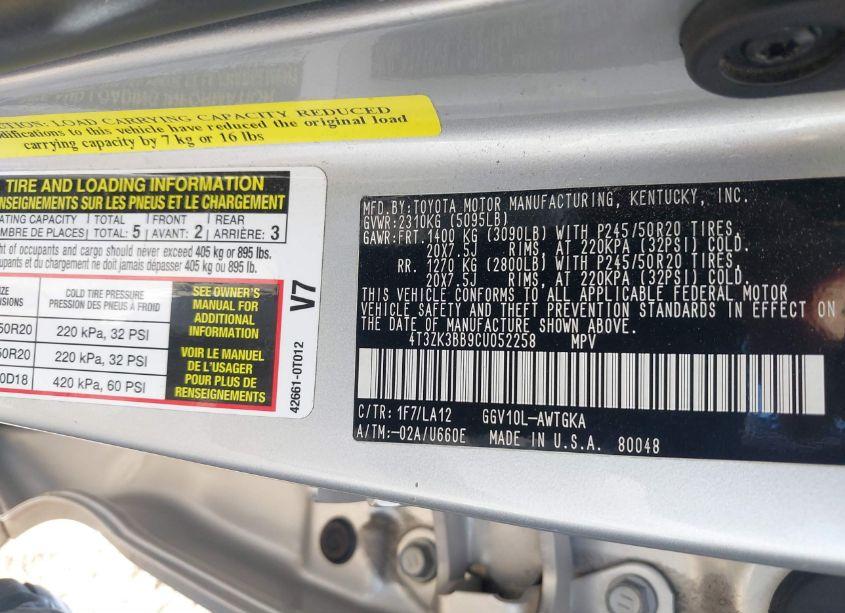 Photo 9 of 2012 Toyota Venza LE/XLE/LIMITED (VIN 4T3ZK3BB9CU052258)