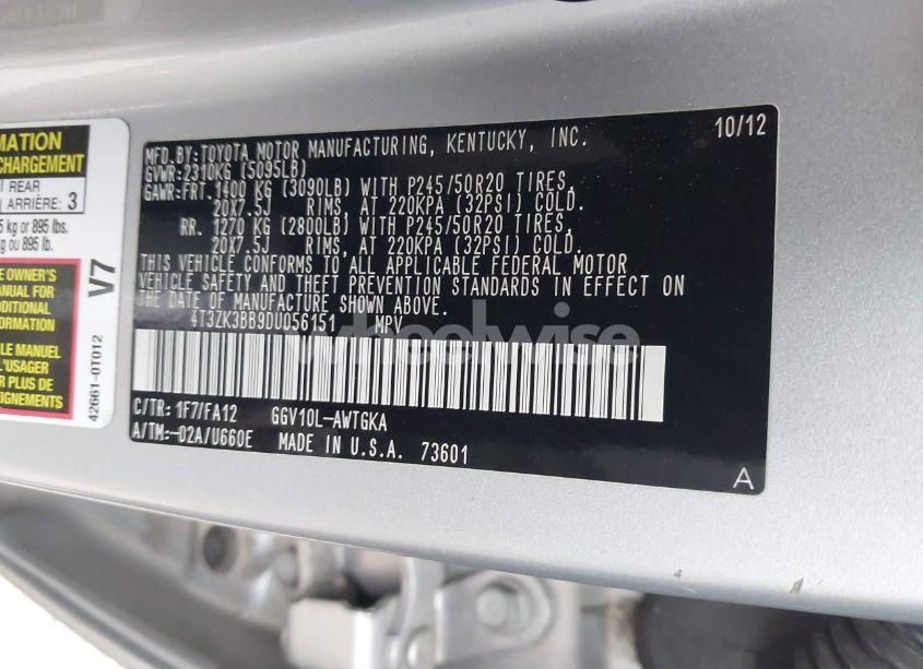 Photo 9 of 2013 Toyota Venza LE V6 (VIN 4T3ZK3BB9DU056151)
