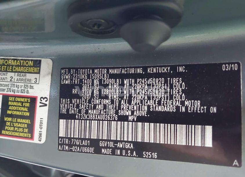 Photo 9 of 2010 Toyota Venza BASE V6 (VIN 4T3ZK3BBXAU026376)